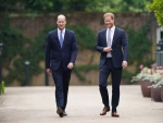 Prince William Duke of Cambridge and Prince Henry Duke of Sussex during a inauguration of statue of their mother Diana, Princess of Wales,  at Kensington Palace, London, on what would have been her 60th birthday. Picture date: Thursday July 1, 2021.