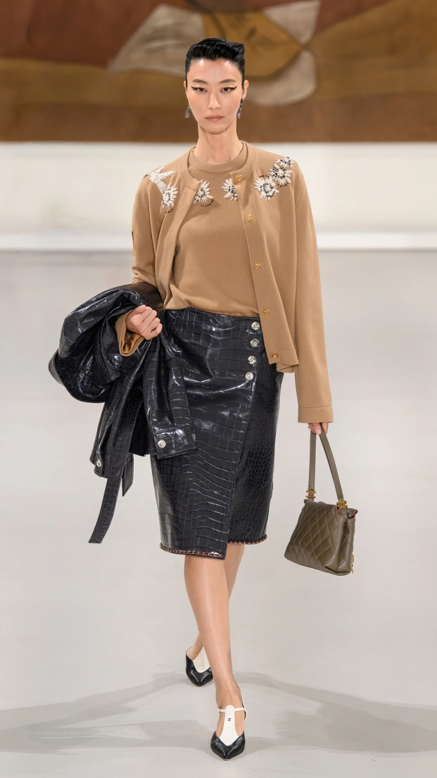 Chanel PreFall F26 032 falda piel croc y matching set de jersey y chaqueta de punto