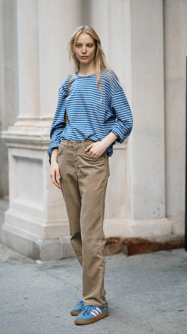 Modelo con jeans rectos durante la semana de la moda de Nueva York en septiembre 2026