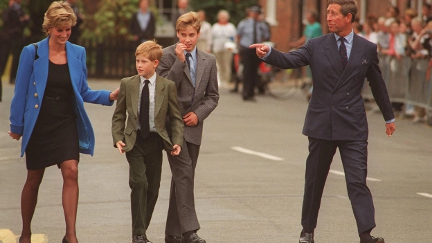 From Left to Right:- HRH PRINCESS OF WALES (HRH Princess Diana): HRH PRINCE HARRY: HRH PRINCE WILLIAM: HRH PRINCE OF WALES (HRH Prince Charles). (Seen on Prince William's first day at Eton College)