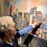 El artista español Eduardo Chillida Belzunce junto a su obra 'Siempre adelante' para la muestra Ground Zero 360