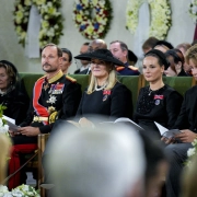 La reina Sonja (left), King Haakon, Queen Mette-Marit, Crown Princess Ingrid Alexandra and Prince Sverre Magnus during the funeral ceremony of King Harald V in Oslo Cathedral on Wednesday